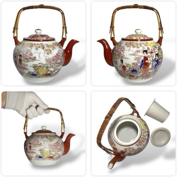 Antique Japanese Kutani Porcelain Tea Set Teapot Sugar Bowl Creamer Floral - Picture 2 of 16